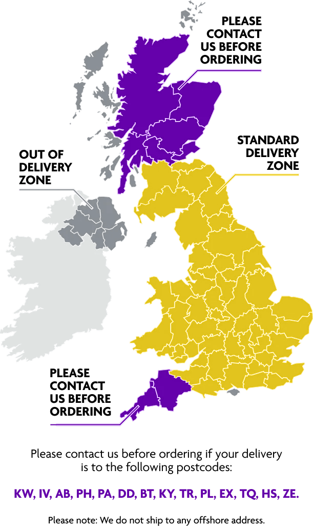 Map of the UK showing delivery to mainland addresses only, please contact us before ordering if your delivery is to the following postcodes: KW, IV, AB, PH, PA, DD, BT, KY, TR, PL, EX, TQ, HS or ZE