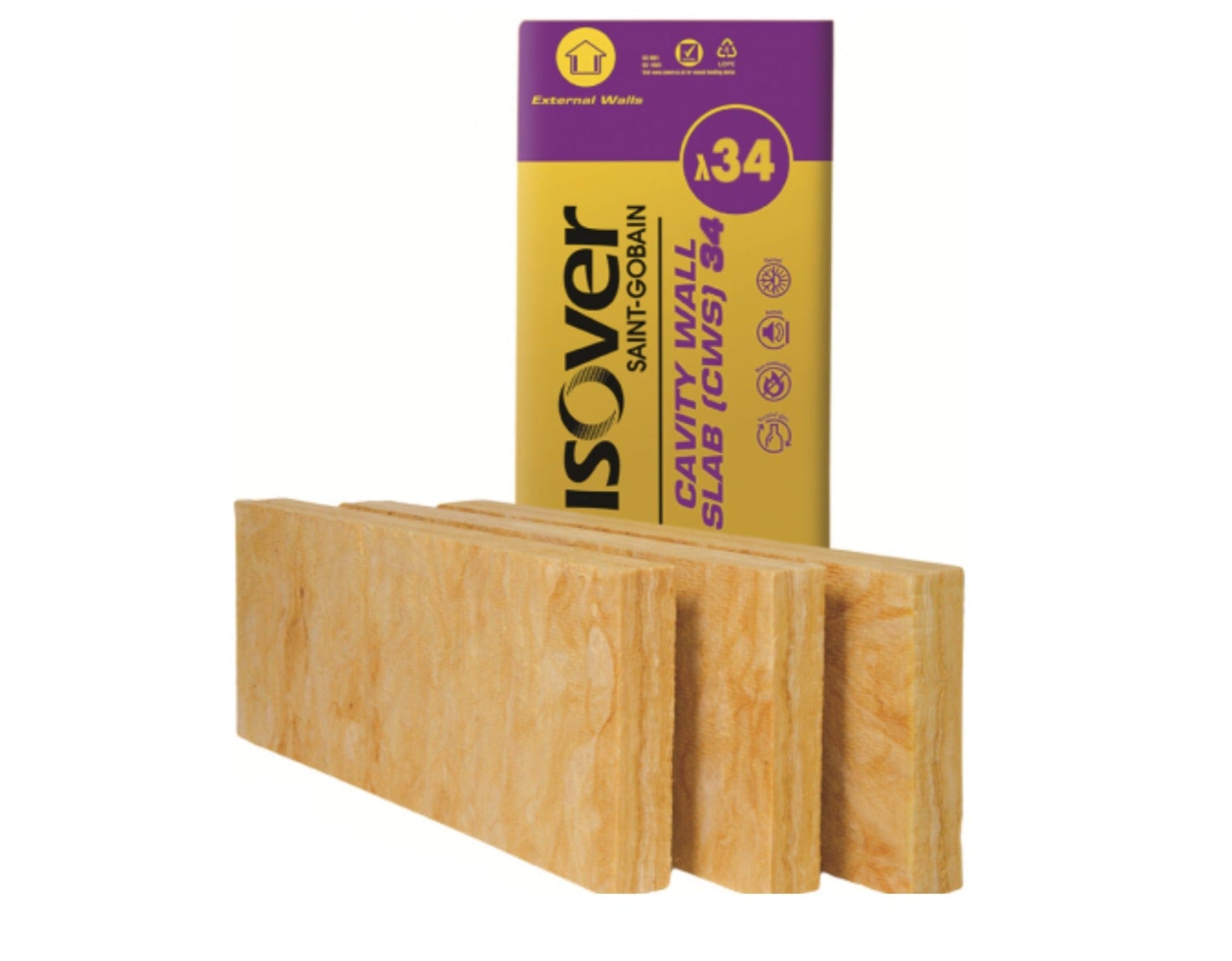 Isover Insulation 75 x 455 x 1200mm - 10 Slabs - 5.46m2 Isover Cavity Wall Slab CWS 34 Isover Cavity Wall Slab CWS 34 - insulationuk.co.uk